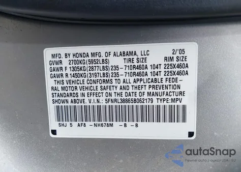 2005 Honda Odyssey Touring from USA, damaged, VIN 5FNRL38865B062179